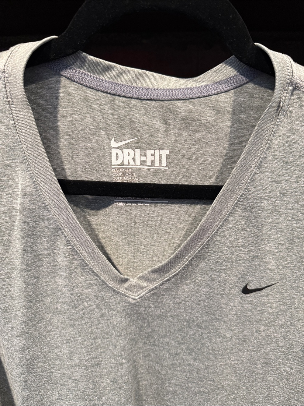 Nike Light Heather Gray V-Neck Dri-FIT Tee with Black Swoosh